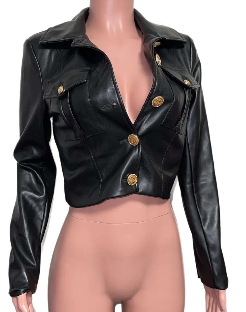 Seven Cropped Faux Leather Moto Jacket Nwt XS Biker Kind Sleeves Pockets Buttons