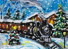 ACEO Original PAINTING Xmas TRAIN Station Tree Snow Holiday Landscape ATC ART