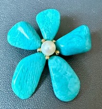 vintage handmade amazonite stone pearl floral brooch gold tone pin euc Unique
