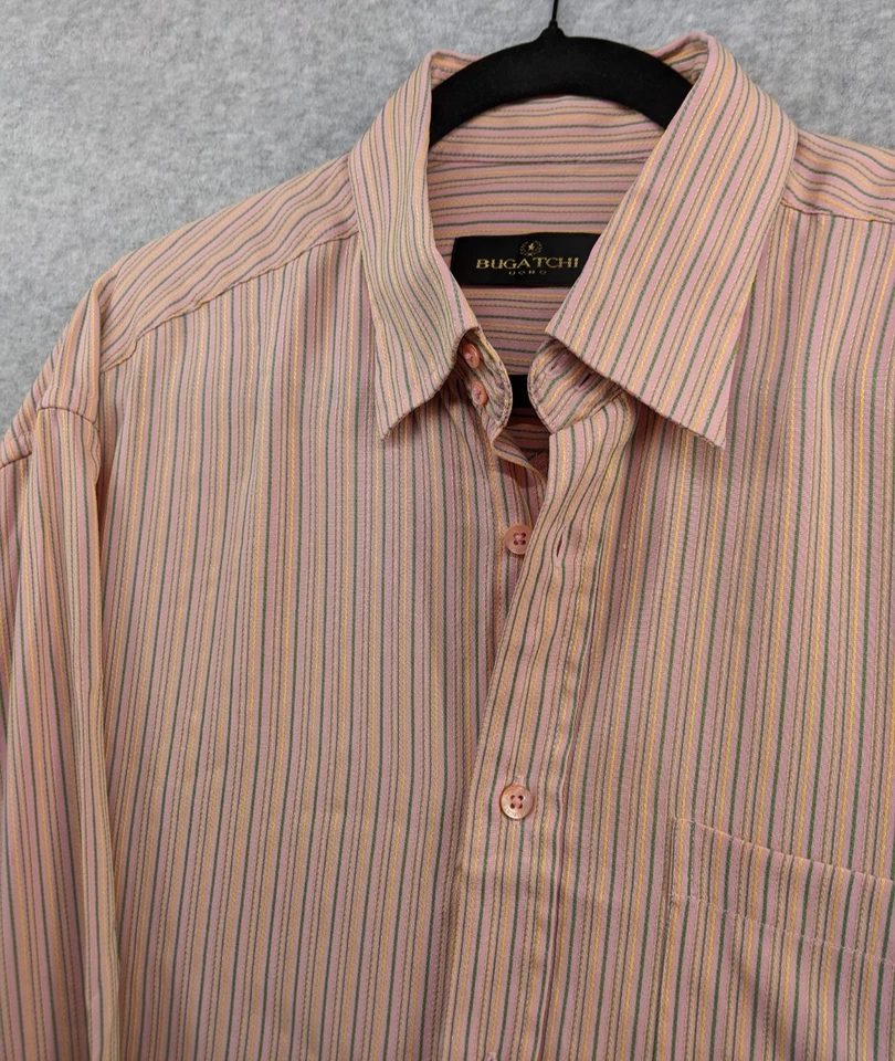 Camisa tejida BUGATCHI UOMO CLASSIC FIT L/S rosa con rayas verdes amarillas para hombre talla L Foto 3 de 4