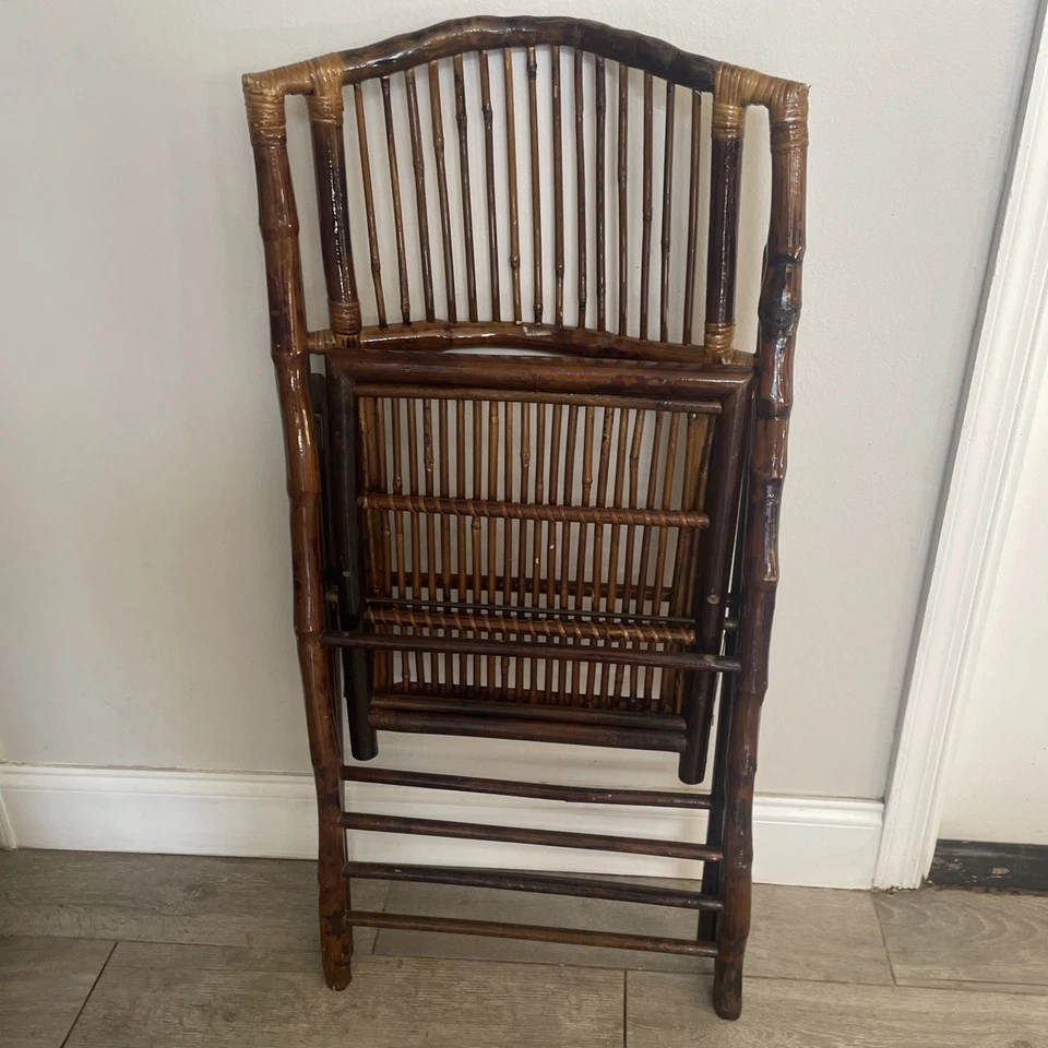 Tortoise Bamboo Folding Chair Vintage Mid Century Deck Patio Wood - Image 4 of 4