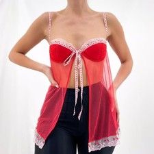 VTG Victoria's Secret NWT Y2K Red Sheer Lace Boned Babydoll Lingerie Top 34B
