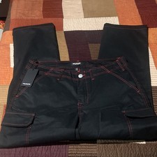 True Religion Black Red Cargo Pants Logo Embroidered Button Pockets Men's 34