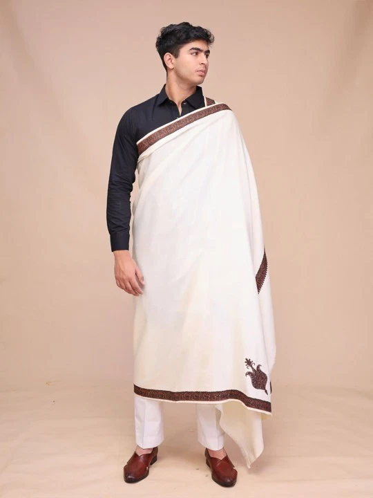 Indian Woven Pashmina Soft Wool 100% Cashmere Men's Scarf Shawl Wrap Stole White