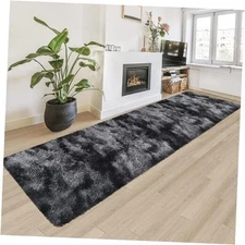 Tie-Dyed Runner Rug for Bedroom Black Grey 2x8ft Fluffy Area Rug Bedside 