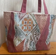 ndmade Pure Silk Tote Bag Pink Floral Geometric Pattern One of a Kind Japan