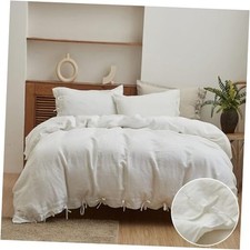 100 Linen Duvet Cover Set 3pcs with Bowknot Ties Closure Natural Queen White