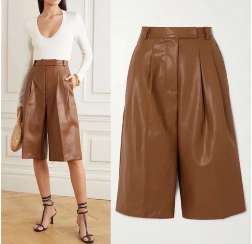 Frankie Shop Pernille Pleated Faux Leather Bermuda Shorts Sz Small