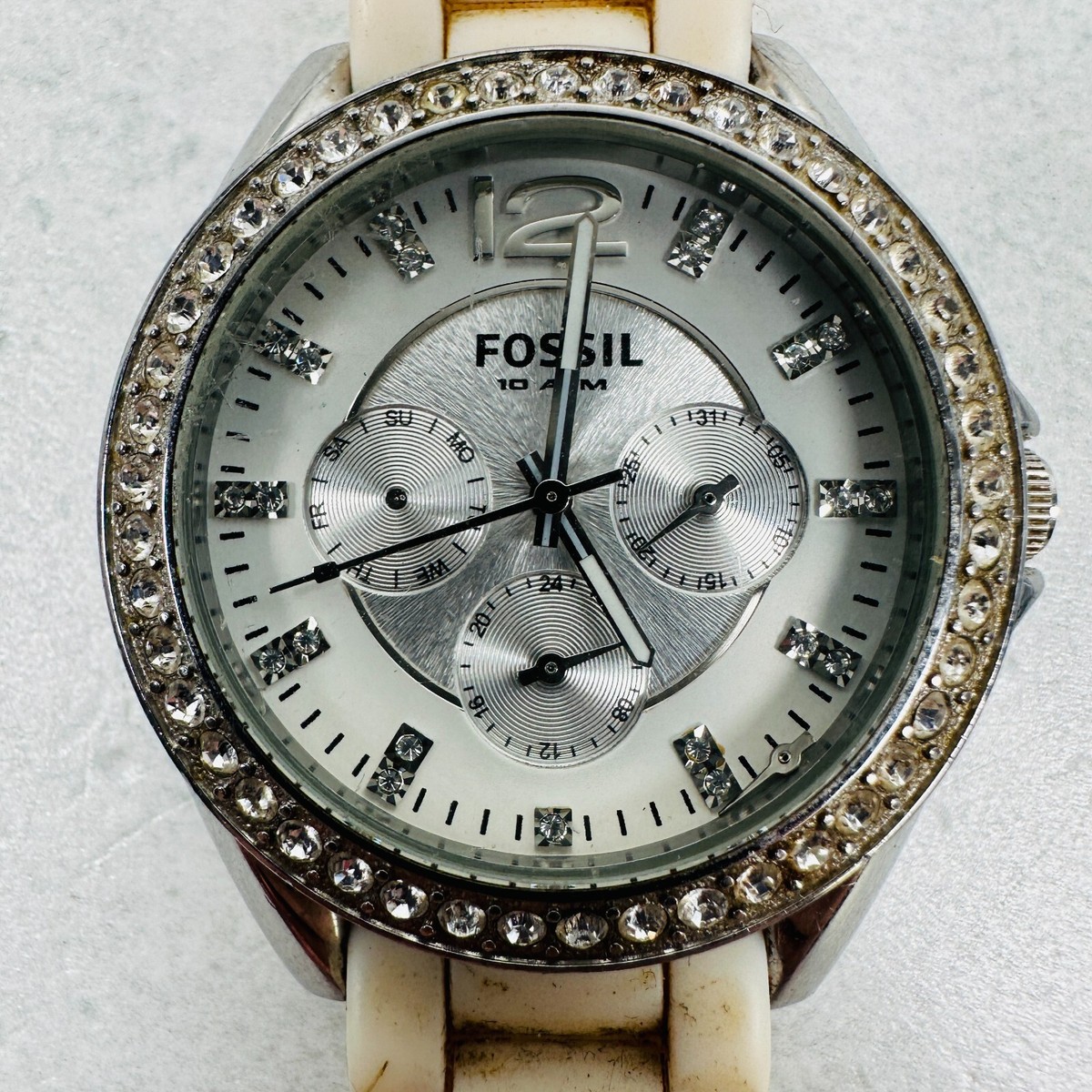 Fossil Watch Womens 38mm Multifunction Rhinestone Bling Bezel New Battery Fossil Blue Women 38mm Watch Silver Tone Day/Date/24H MOP  main image 2