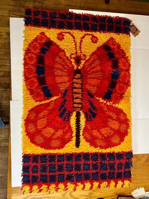 Ege Denmark Vintage Mid Century Butterfly Wool Rug Wall Hanging w/ Label & Tag