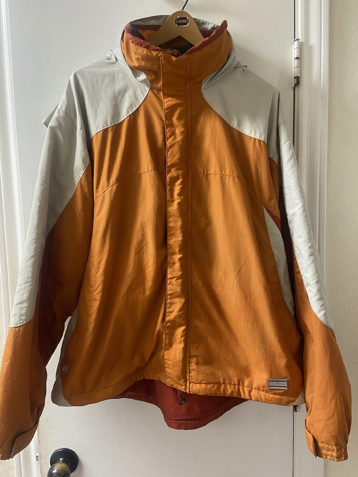 LL Bean Waterproof Ski Jacket Removeable Hood Men's Xl Coat Orange Grey X-large