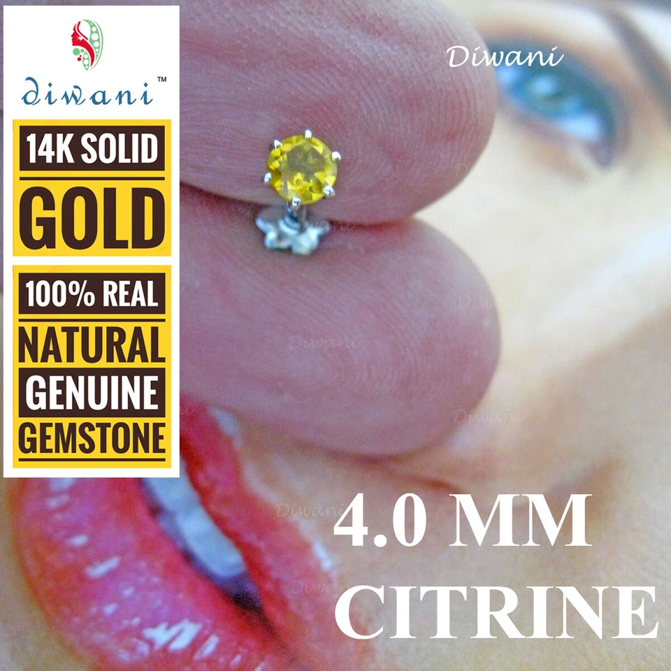 Pin nariz citrino natural de 4,0 mm Tragus Labret pendiente tornillo piercing anillo perno prisionero Foto 4 de 4