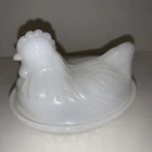 Vintage Hazel Atlas White Milk Glass Hen on Nest Basket Weave Base Trinket Dish