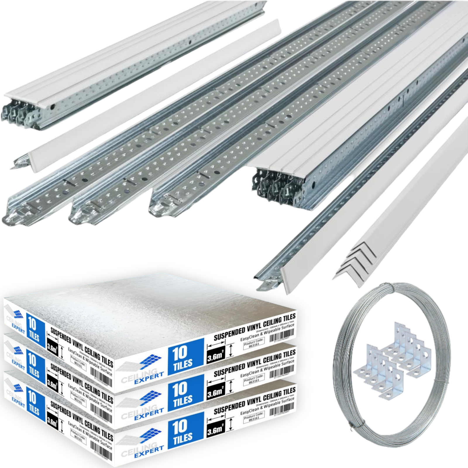 10m2 Suspended Vinyl Ceiling Wipeable Tiles & 600 x 600mm White Grid System 24mm