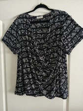 CALVIN KLEIN 3X Black White Career Top Surplice Draped Bust Short Sleeve Stretch