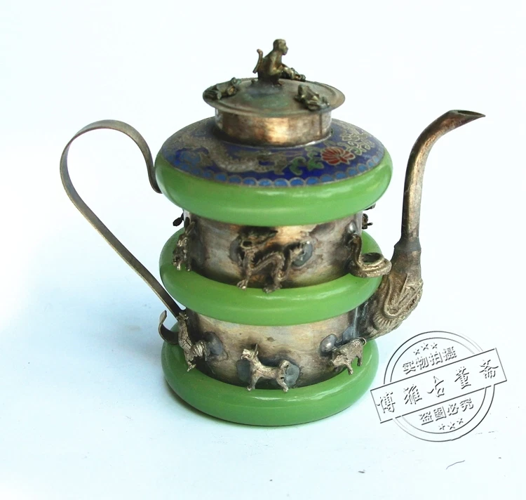 CHINESE OLD JADE TIBET-SILVER TEA POT MONKEY Lid - Image 2 of 4