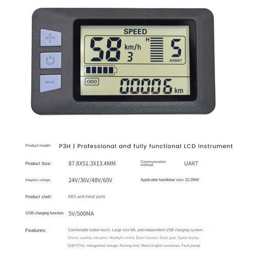 P3H Display Misuratore Bici Elettrica 24V 36V 48V 60V per Monopattino Elettrico (6PIN) U3X4 - Foto 5 di 8