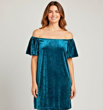 NWT ELIZA J Off Shoulder A-Line Dress sz 24W Teal Stretch Crushed Velvet Knee L