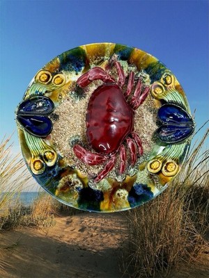 J. Willfred Portugal Palissy Large Hanging Majolica Crab Plate 13 