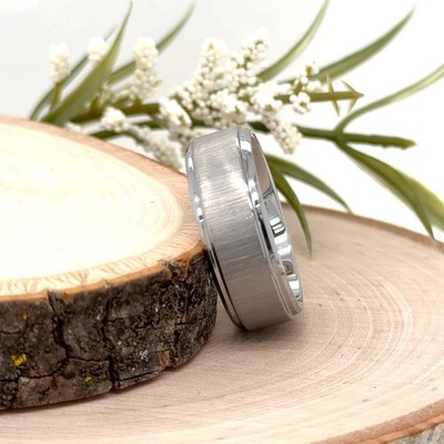 8mm Silver Tungsten Carbide Ring Satin Brushed Polished Edges Unisex Modern Band