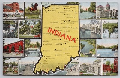 State Map Multiple Views Indiana IN Unp Chrome  Postcard