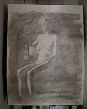 Charcoal Sketch On Paper - Nude Aged Lady Sitting 18x24 Artist Signed 1980's