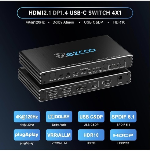 4K@120Hz HDMI 2.1 Switch 4x1 USB C DP1.4 4-Port Switcher with Audio Extractor p6 - 第 3/7 張圖片