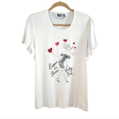 Vicky Tiel L'Amour de Paris Short Sleeve Crewneck Graphic T-shirt Women's Large
