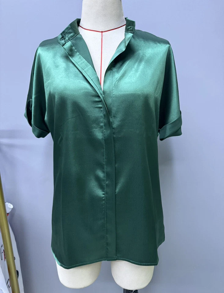 Women Solid Color Satin Short Sleeve Blouse Elegant Stand Collar Office OL Shirt - Image 4 of 4