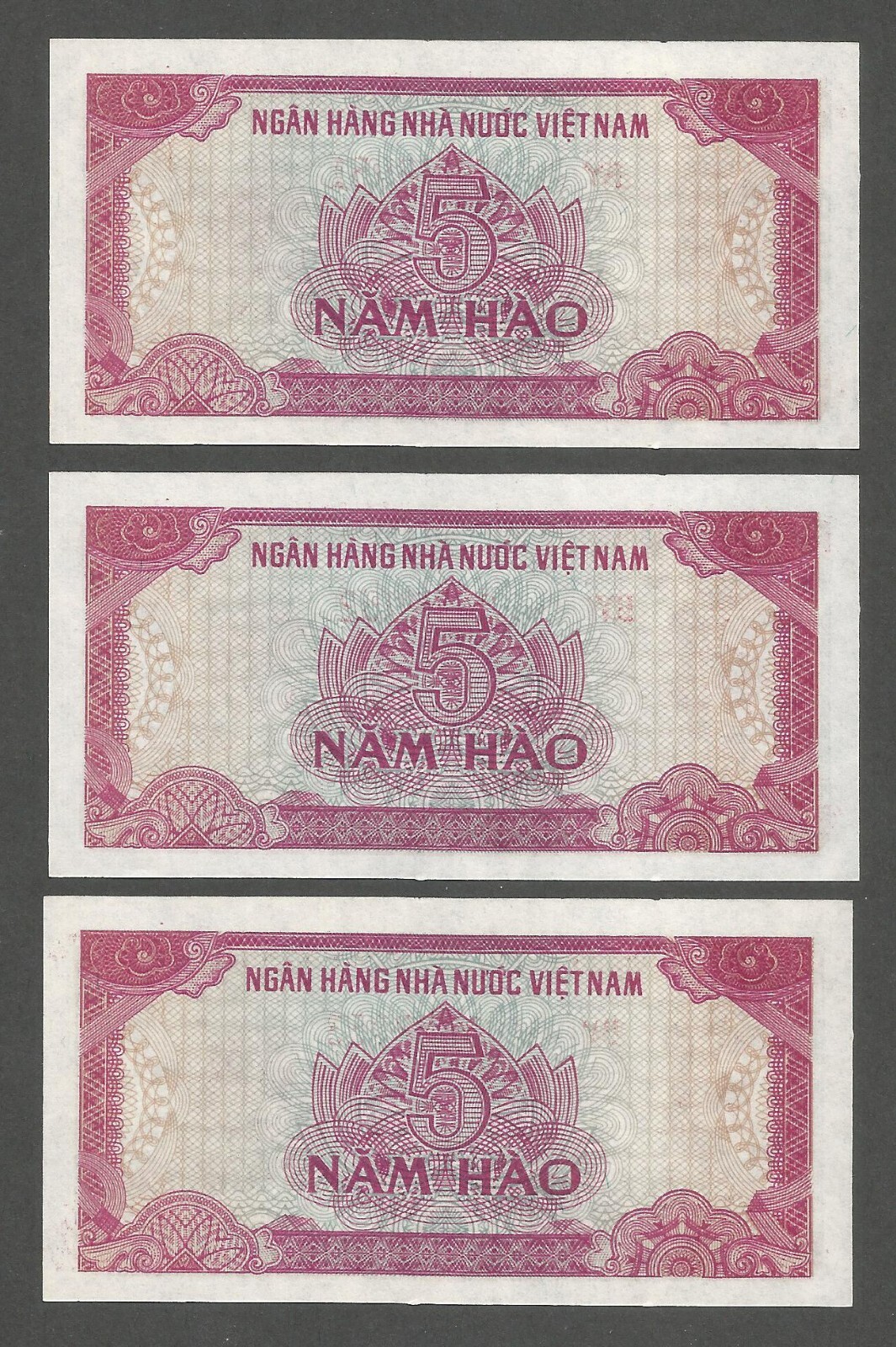 Vietnam 5 Hao 1985; UNC; P-89a; BNB-B317a; Lot of 3 consecutive serial ...