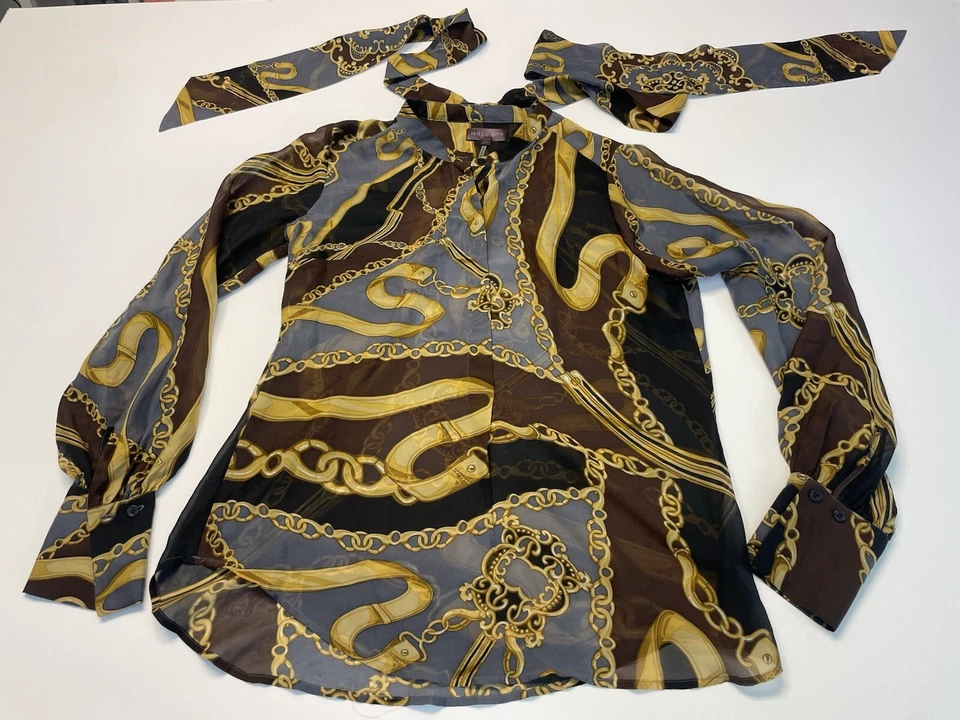 HALE BOB Cadena Dorada Seda Medio Botón Manga Larga Top con Cuello Faja Bufanda M Foto 3 de 4