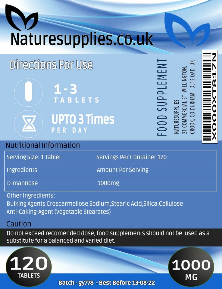 Comprimidos de D-manosa 1000 mg 120 bolsa | Alivio de cistitis UTI | Naturesupplies - Imagen 2 de 4