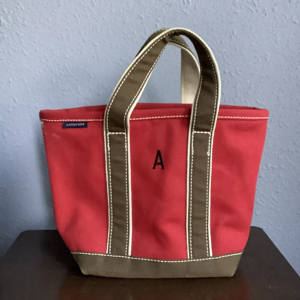 Lands End Canvas Small Tote Bag Red Brown MONOGRAMED A