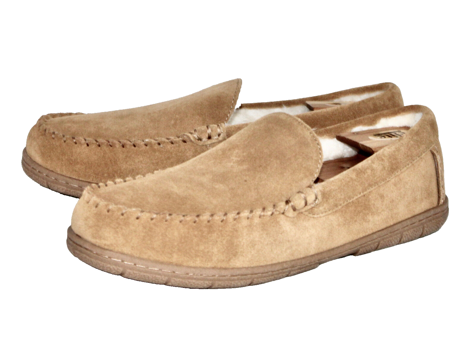 LANDS' END Mens Suede Moccasin Slipper Size 12B Sand Tan Shearling