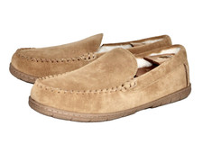 LANDS' END Mens Suede Moccasin Slipper Size 12B Sand Tan Shearling Lined 503404