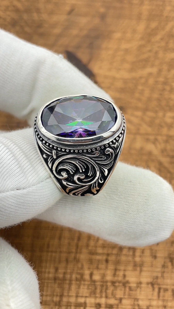 925 Sterling Silver Oval Mystic Topaz Stone Men's Ring, Mens