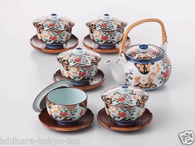 [SUPER SALE] Arita-yaki Porcelain: PEONY - Kyusu Tea pot, 5 tea cup & saucer Set