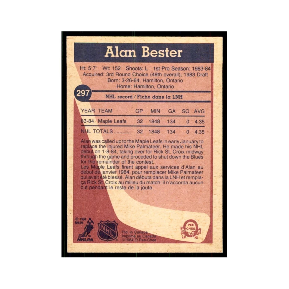 1984 O-Pee-Chee Allan Bester RC Toronto Maple Leafs #297 - Image 2 of 3