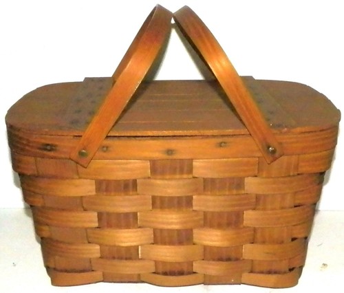 Vintage Basketville Putney Vermont Woven Wood Picnic Basket with Handles