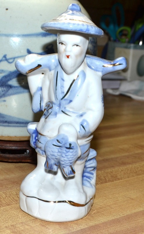 Vintage Blue & White Chinese Porcelain Fisherman Carrying Fish in Basket