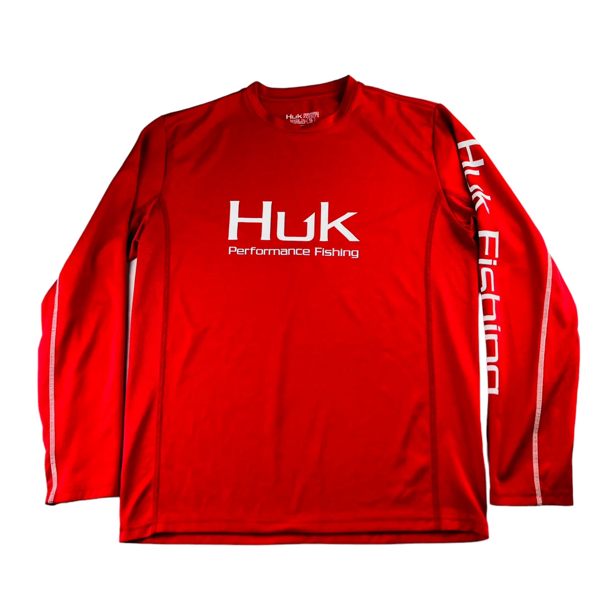 HUK Men's Performance Stretch Long Sleeve Spell Out T-Shirt Red • Small