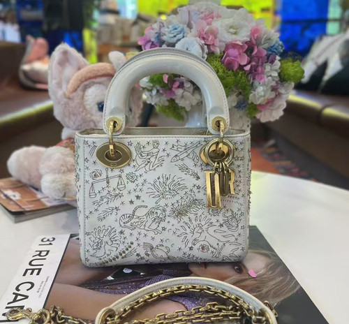 Auth Christian Dior Lady Dior Mini White Zodiac Beaded Embroidery Crossbody Bag/