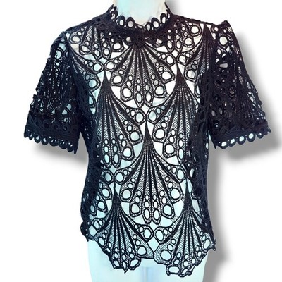 Mele E Pere Black Lace Mockneck Sexy Top Size S/M Zip Back Victorian/Whimsy Goth