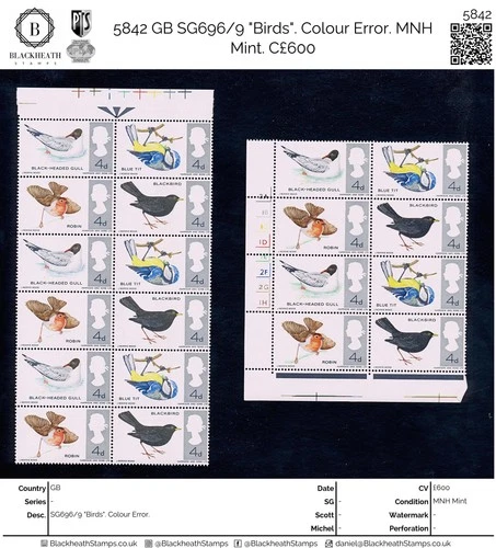 5842 GB SG696/9 "Birds". Colour Error. MNH Mint. C£600