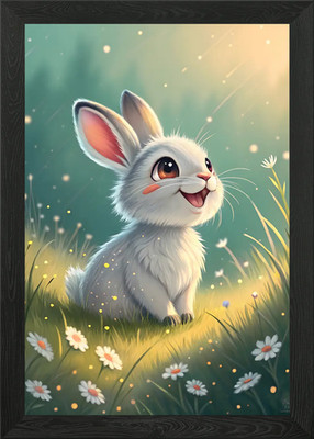 Smiling Bunny Rabbit Sits Flower Me Framed Wall Art Poster Canvas Print Picture