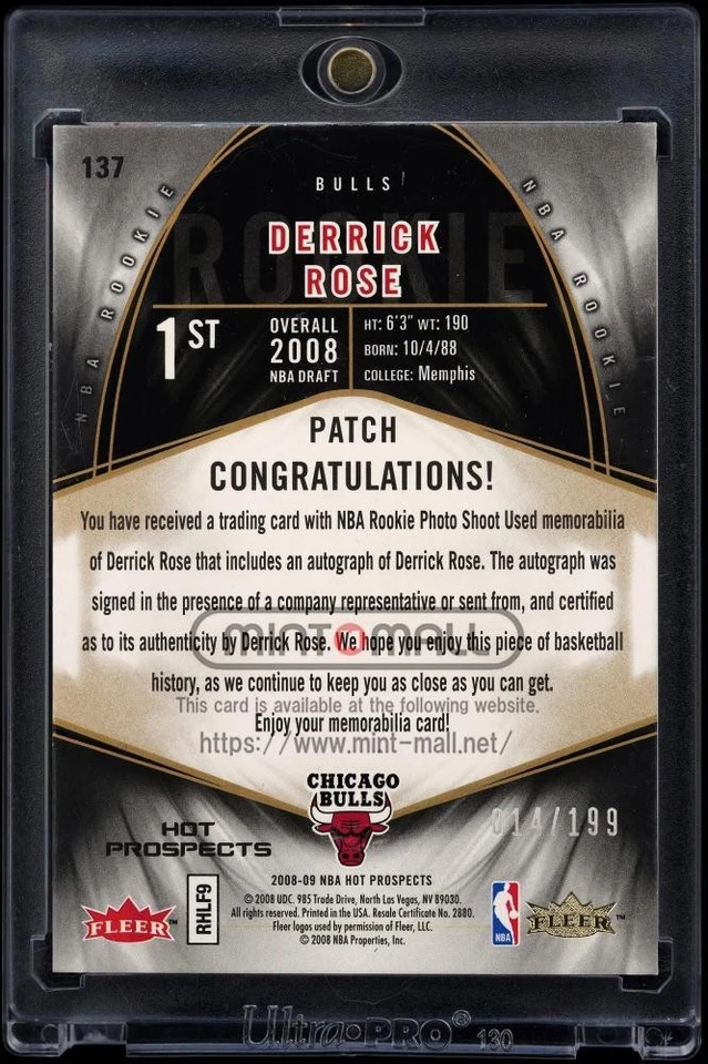 2008-09 Fleer Hot Prospects Derrick Rose Rookie Patch Auto /199 - Image 2 of 2