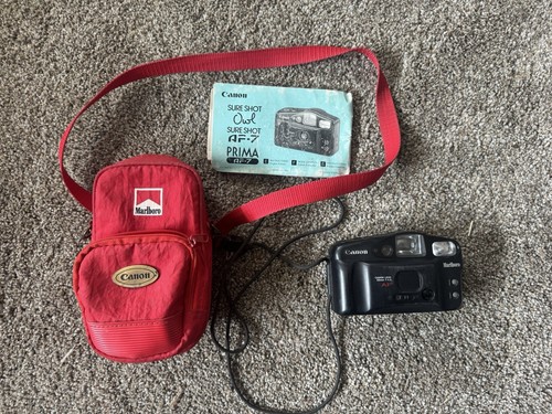 Vintage Marlboro Cannon Sure Shot Owl AF-7 Prima 35mm Camera & Carry Case Works