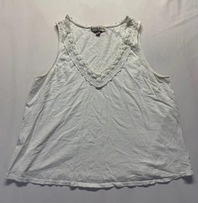 Knox Rose Tank Top Womens Large White Cotton V Neck Lace Trim Wide Strap Casual