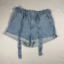 Garage Womens Light Wash Denim Paperbag Waist Belted Cuffed Shorts Blue Size 9