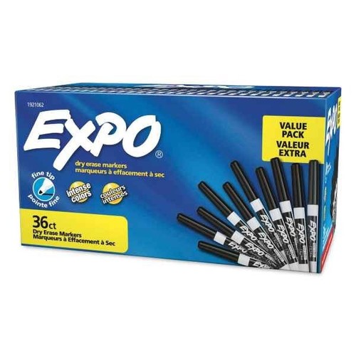 EXPO 36ct Low-Odor Dry-Erase Markers Fine Tip Point. Black